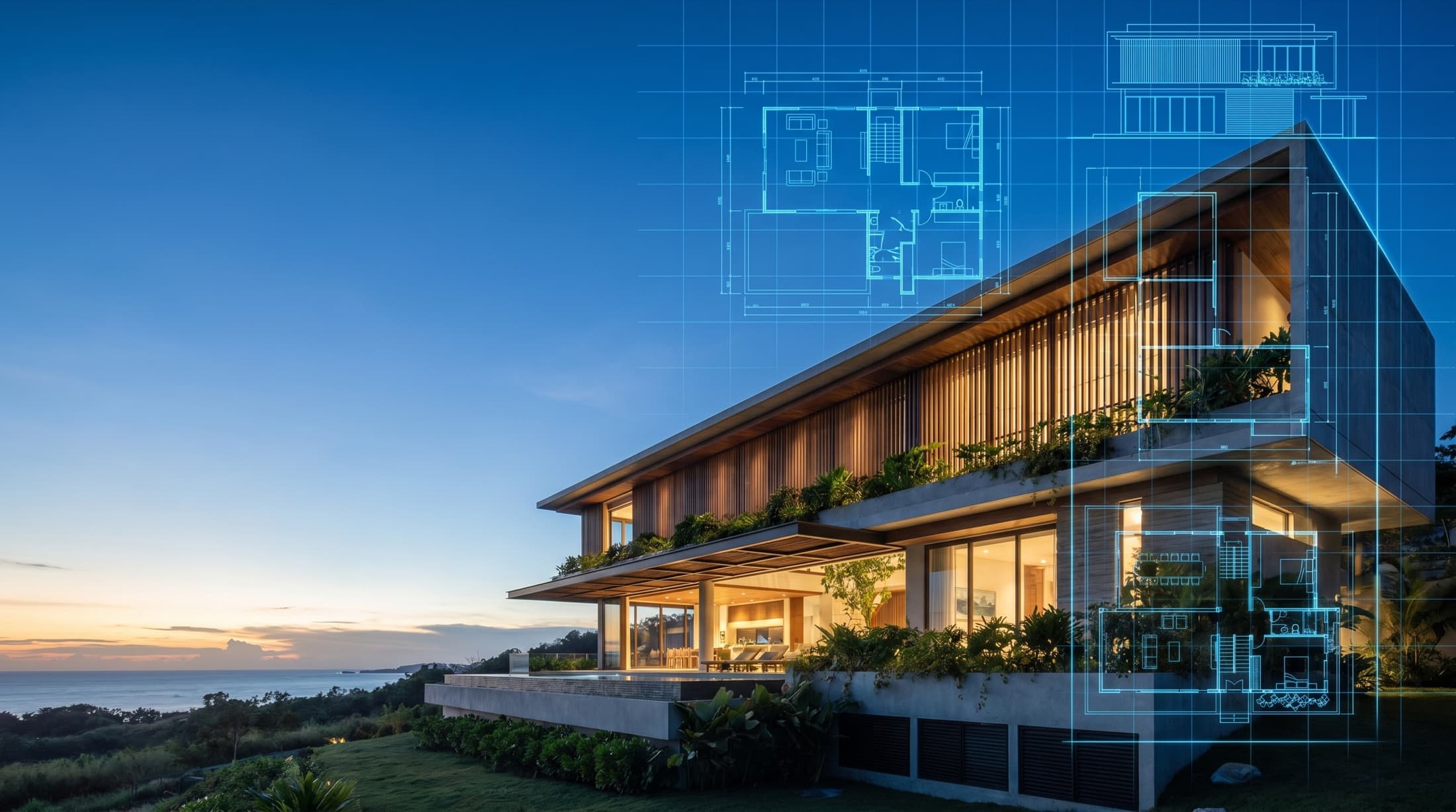 Modern Filipino architecture with a glowing blueprint overlay